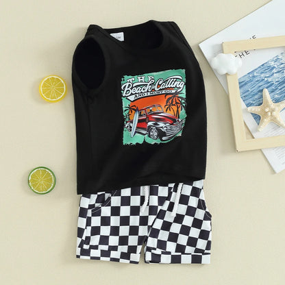Sleeveless Tank Tops and Checkerboard Elastic Waist Shorts Set