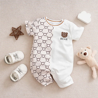 Cute Cartoon Teddy Bear Summer Apricot Short Sleeved Jumpsuit