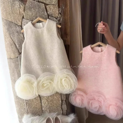 Korean Style Fashion Girls Vest Skirt 2025 Autumn Winter New Children Christmas and New Year Tweed Skirt Big Flower Dress