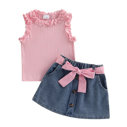 Solid Color Ruffles Tank Tops and Button Denim Skirt with Belt Set