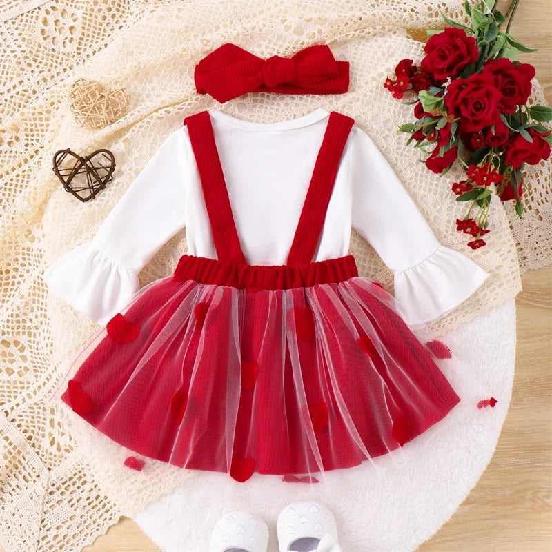 Valentines Day Outfit Flare Long Sleeve Romper Suspendder Skirt Headband Set