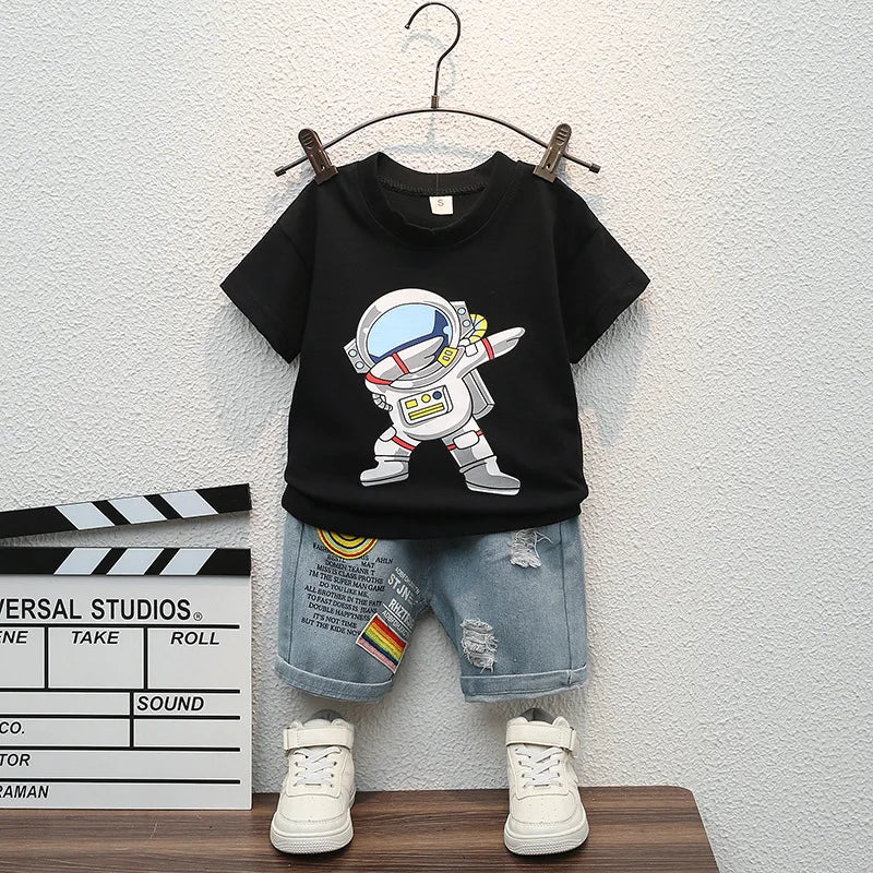 Cartoon Sports T-Shirt + Ripped Denim Shorts Sets