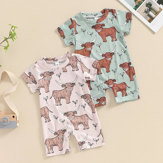 Short Sleeve Crew Neck Cow Head Print Romper