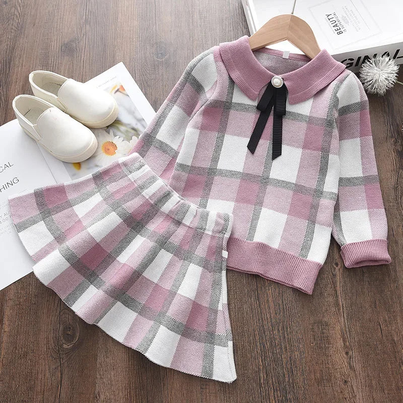 Bear Leader Kids Christmas Sweet Knitwear Suits Girls Baby Plaid Sweaters Coats Suspender Dress Outfits Princess Clothes Sets