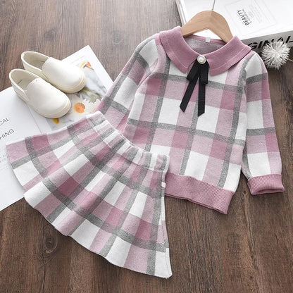 Bear Leader Kids Christmas Sweet Knitwear Suits Girls Baby Plaid Sweaters Coats Suspender Dress Outfits Princess Clothes Sets