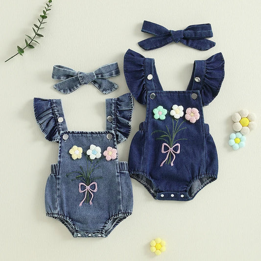Girl Summer Outfits Ruffle Sleeveless Square Neck Denim Romper with Headband Set
