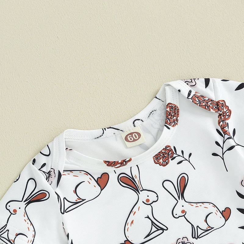 Short Sleeve Crewneck Bunny Flower Print Romper with Shorts and hat Set