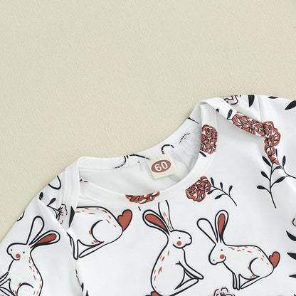 Short Sleeve Crewneck Bunny Flower Print Romper with Shorts and hat Set