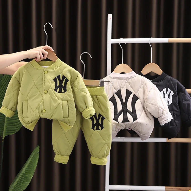 Kids Designer Luxury Clothes Winter 2023 Fashion Thickened Boys Letter Cotton Coats + Pants Suit Set Children's Christmas Outfit