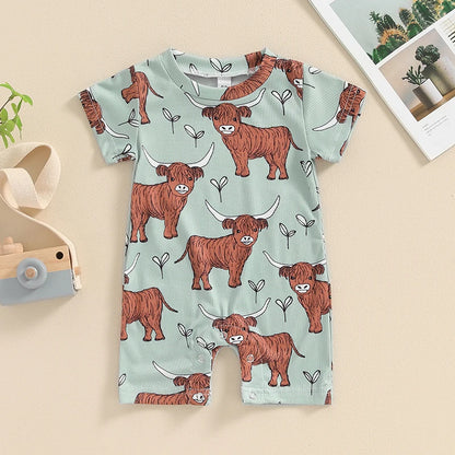 Short Sleeve Crew Neck Cow Head Print Romper