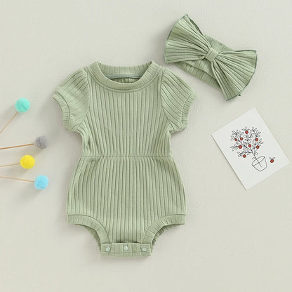 Ribbed Knit Short Sleeve Romper /Bodysuit with Headband