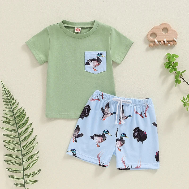 Duck Print Short Sleeve T-Shirt Elastic Waist Shorts Set