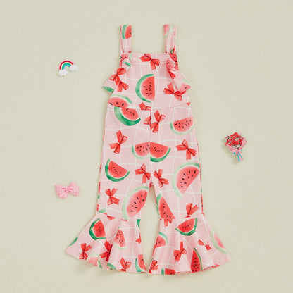 Bell-Bottom Jumpsuit Bow/Watermelon/Strawberry Square Neck