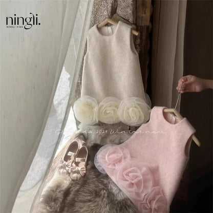 Korean Style Fashion Girls Vest Skirt 2025 Autumn Winter New Children Christmas and New Year Tweed Skirt Big Flower Dress
