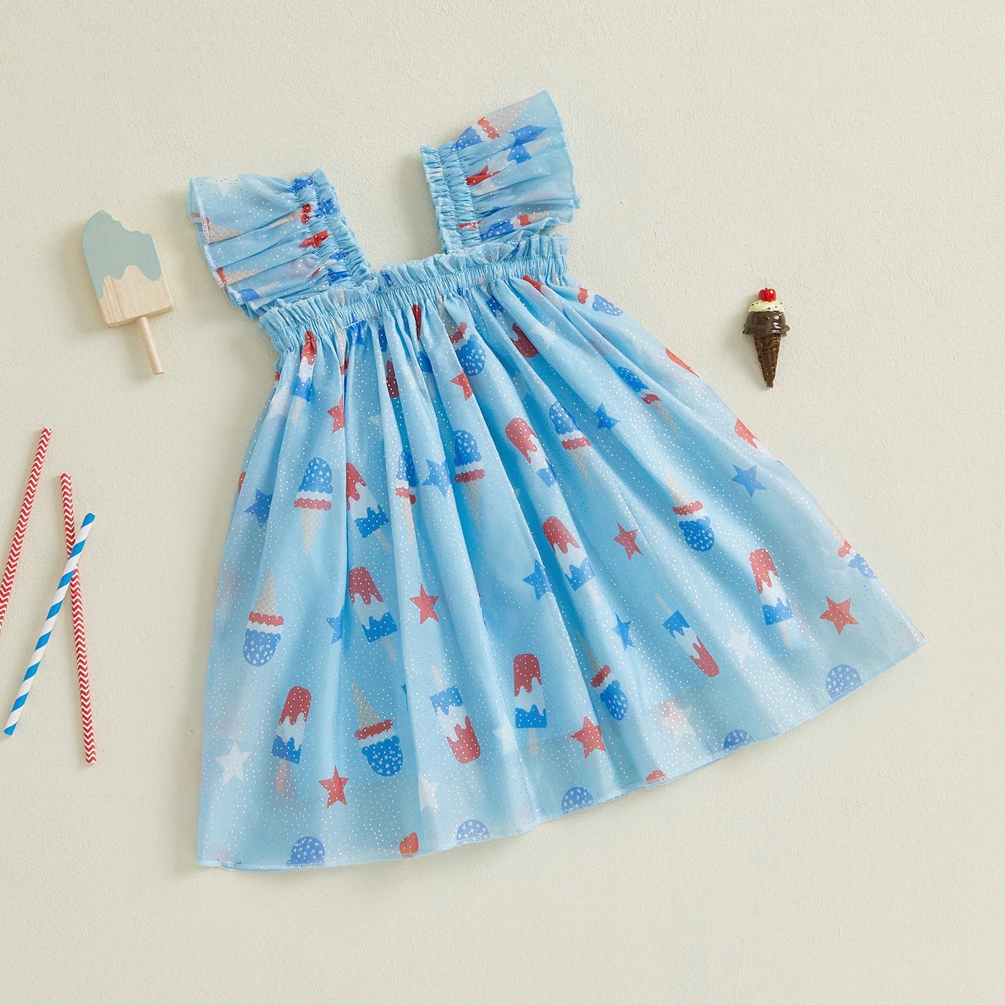 Girls Fourth of July Cami Dress Sleeveless Star Popsicle Print