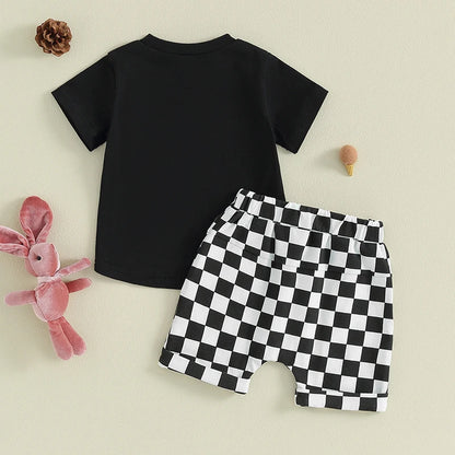 Bunny Print Short Sleeve T-Shirt with Checkerboard Print Shorts