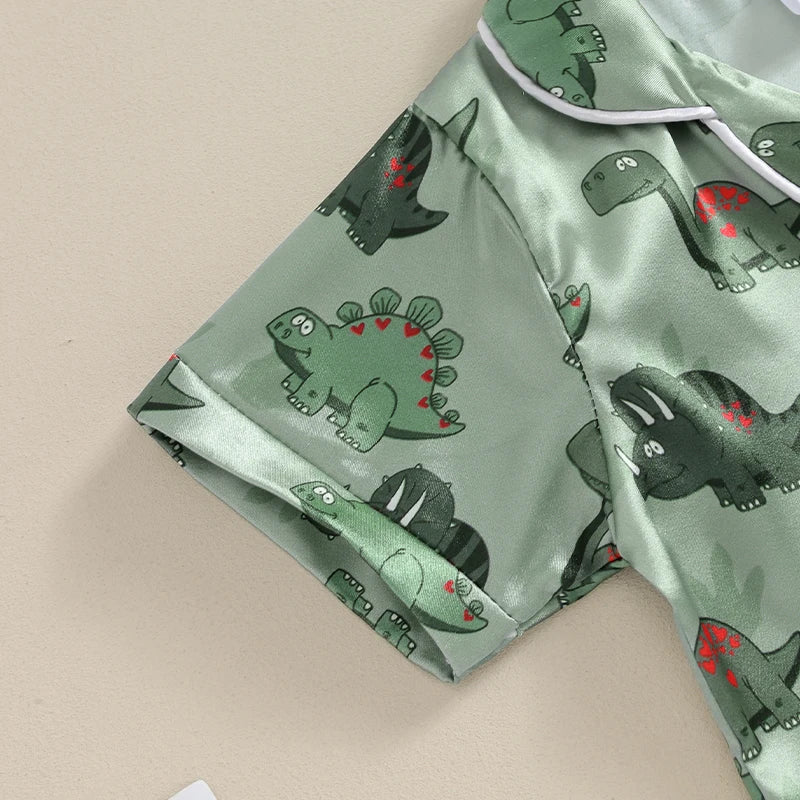 Dinosaur Print Collar Short Sleeve Shirts and Elastic Waist Shorts 2 Pieces Sleepwear