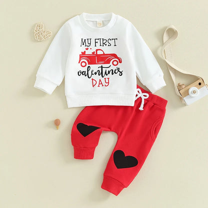 My First Valentines Day Truck Sweatshirt Pants Cute Outfits Set