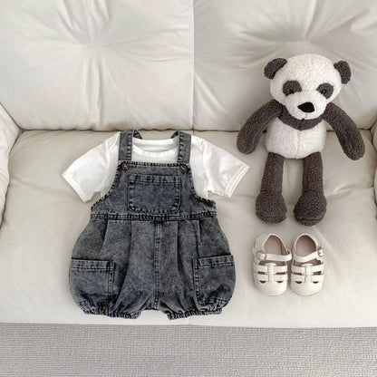 2025 Summer Outfit for Baby Boys and Girls Aged 0-3, Consisting of Denim Straps, Shorts, Two-piece Rainbow Printed T-shirt Set