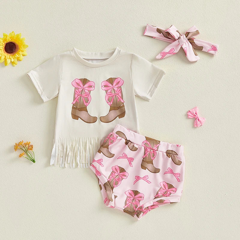 Girl Western Outfit Cow/Boot Short Sleeve Tassel T-shirt Elastic Waist Shorts Tie-up Headband Set