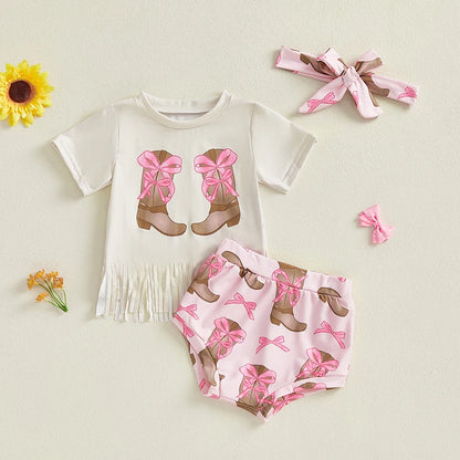 Girl Western Outfit Cow/Boot Short Sleeve Tassel T-shirt Elastic Waist Shorts Tie-up Headband Set