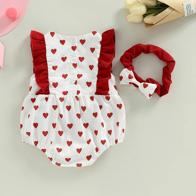 Sleeveless Bow Front Heart Print Romper with Headband