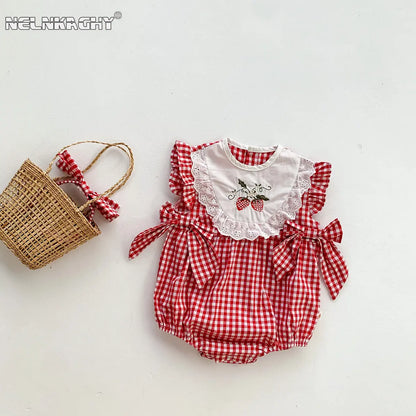 Fly Sleeve Bow Plaid Embroidery Flower Outfits