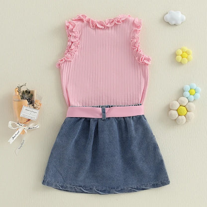 Solid Color Ruffles Tank Tops and Button Denim Skirt with Belt Set