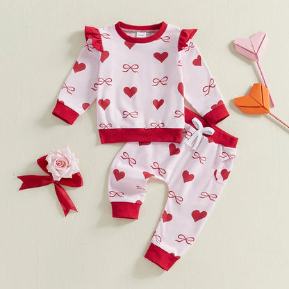 Bow /Heart Print Ruffle Long Sleeve Sweatshirt and Elastic Pants 2 Piece set