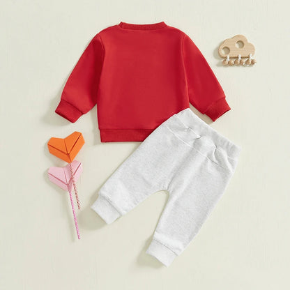 Boys/ Girls Valentines Outfit Letter Embroidery Long Sleeve Sweatshirt and Heart Print Pants