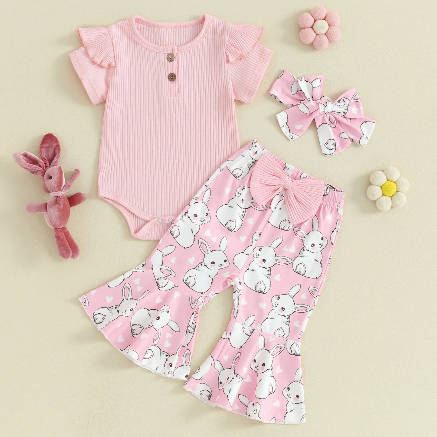 Short Sleeve T-Shirt Romper with Bunny Flare Pants Set