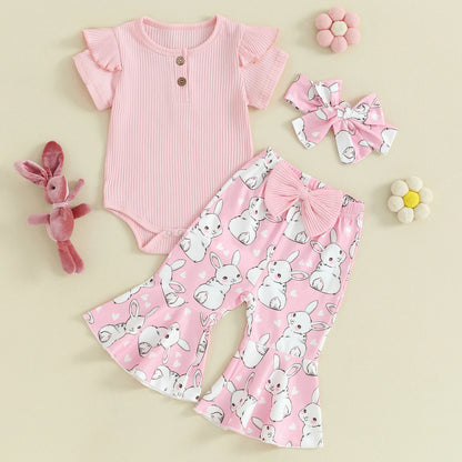 Short Sleeve T-Shirt Romper with Bunny Flare Pants Set