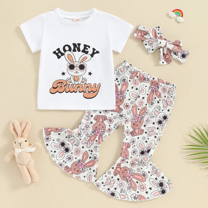 Short Sleeve Letter Print T-Shirt with Bunny Bell-Bottom Pants