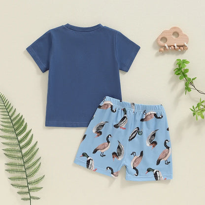 Duck Print Short Sleeve T-Shirt Elastic Waist Shorts Set