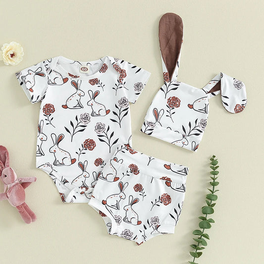 Short Sleeve Crewneck Bunny Flower Print Romper with Shorts and hat Set