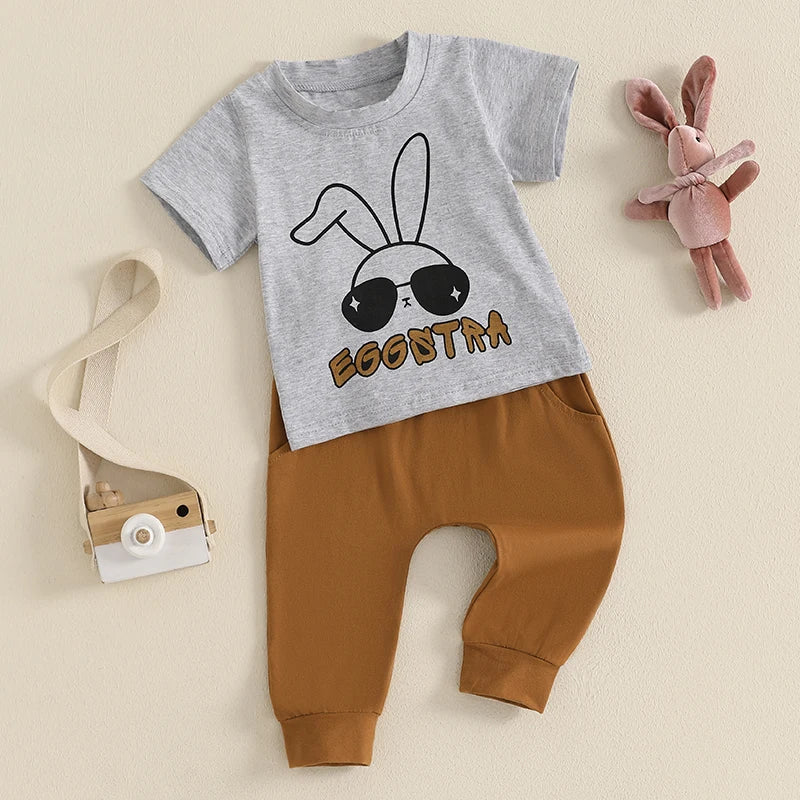Bunny Print Short Sleeve T-Shirt and Elastic Waist Pants