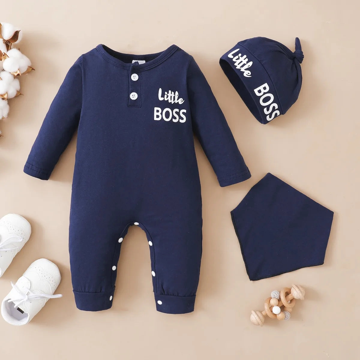 Baby Boy Romper Long Sleeves Letter Print Jumpsuit+Hat