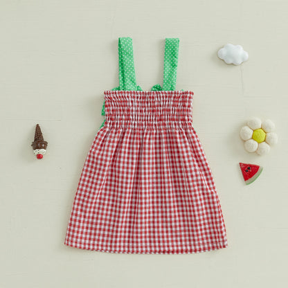Girl Slip Dress Sweet Bows Watermelon Print Plaid Infant Sundress
