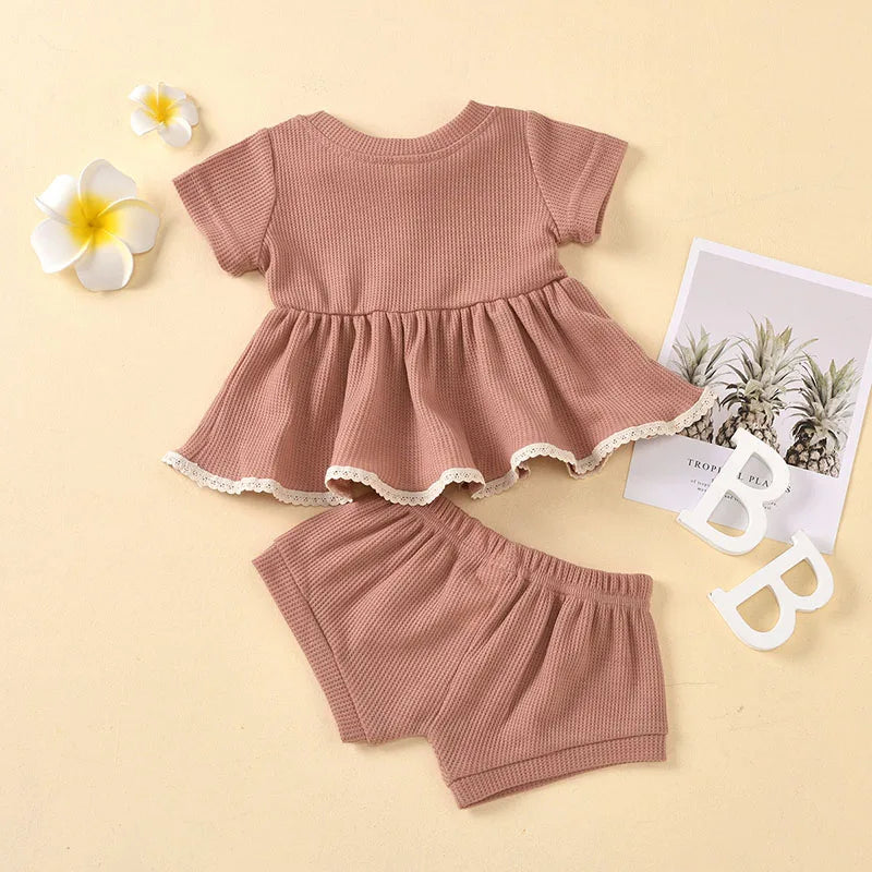 Summer Newborn Baby Girl Set Cotton linen Solid O-neck Short Sleeve Ruffles T-shirt Shorts Suit Infant Clothes Outfit