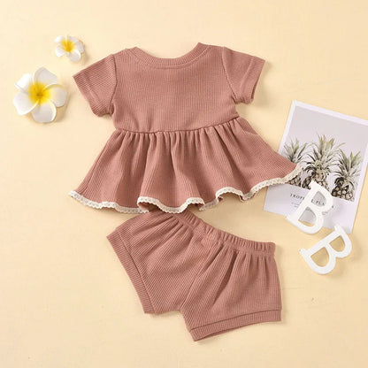 Summer Newborn Baby Girl Set Cotton linen Solid O-neck Short Sleeve Ruffles T-shirt Shorts Suit Infant Clothes Outfit