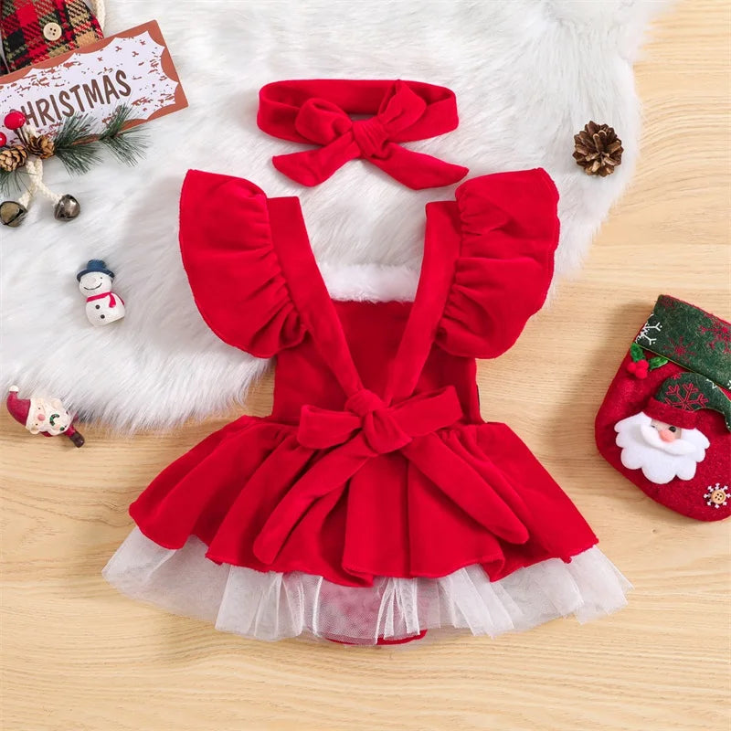 Girls Christmas Outfits Long Sleeve Fur Trim Velvet Romper Dress + Headband