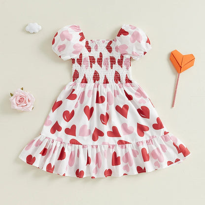 Heart Print Square Neck Short Sleeve Ruffled valentines Dresses