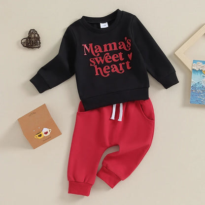 Baby 2Pcs Valentine’s Day Outfits Long Sleeve Heart Letter Print Pullover + Pants Set Toddler Clothes