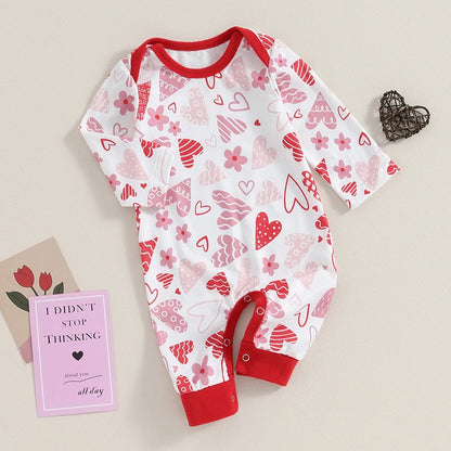 Newborn Baby Girls Boys Heart Print Romper Crew Neck Long Sleeve Infant Jumpsuits My First Valentines Day Outfit