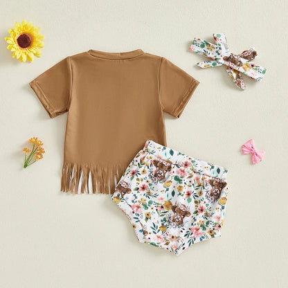 Girl Western Outfit Cow/Boot Short Sleeve Tassel T-shirt Elastic Waist Shorts Tie-up Headband Set