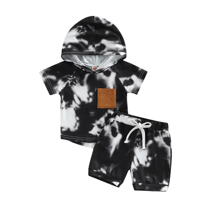 2Pcs Casual Clothing Set Short Sleeve Hooded Tie-Dye  Pritned Top and Shorts