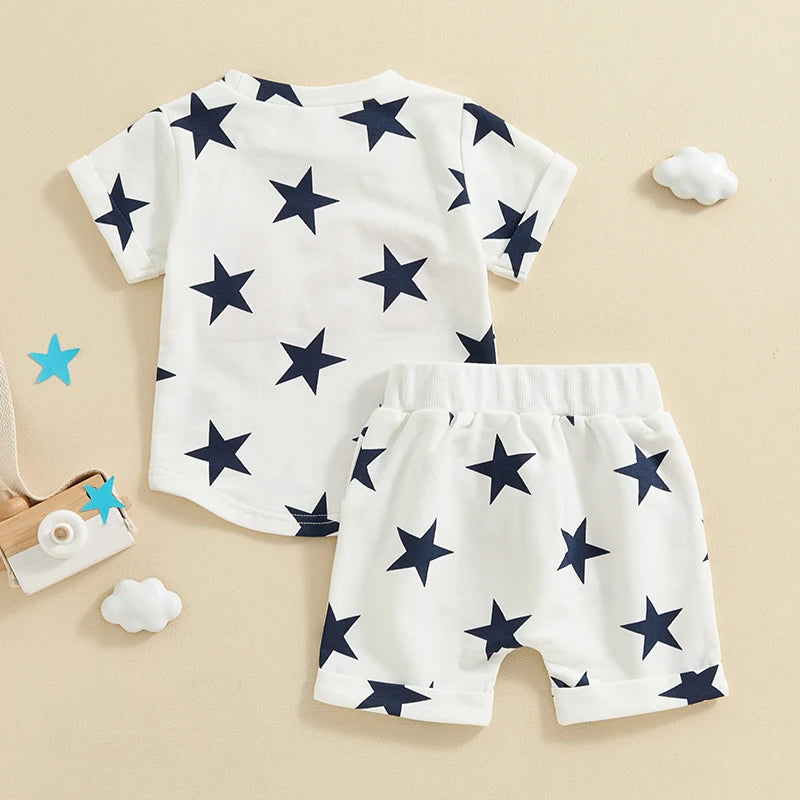 Boys 4th of July Short Sleeve Embroidery Letters T-shirt with Stars Print + Shorts Outfit