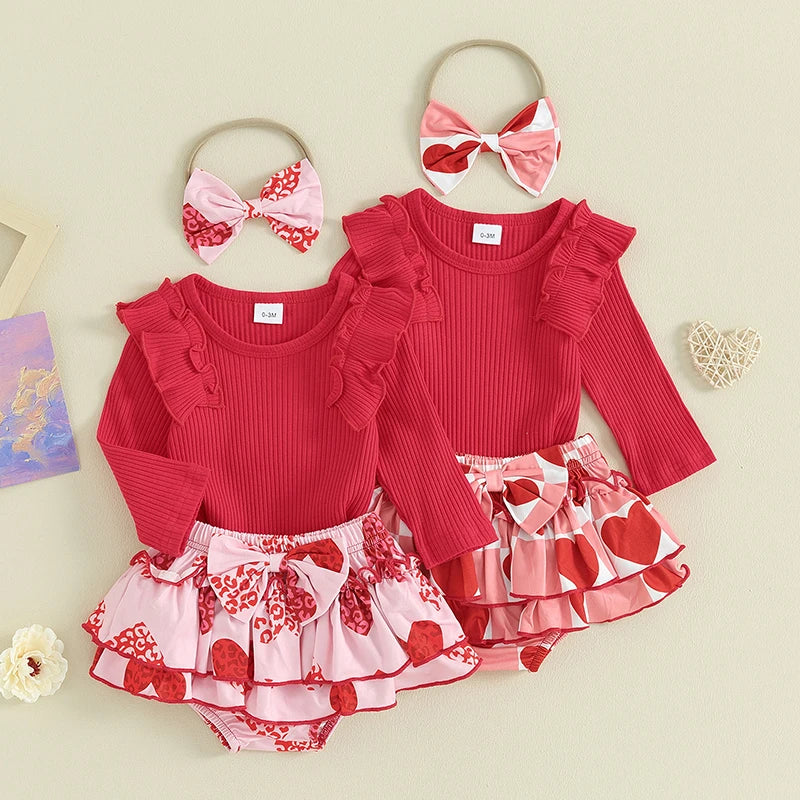 2023-11-03 Lioraitiin 0-18M Newborn Baby Girl Valentines Day Outfit Knit Ribbed Ruffle Romper Layered Tutu Shorts Set 3Pcs