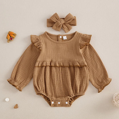 Newborn Infant Baby Girl Clothes Long Sleeve Smocked Bubble Romper Bodysuit with Headband Cute Fall Winter Outfit