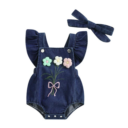 Girl Summer Outfits Ruffle Sleeveless Square Neck Denim Romper with Headband Set